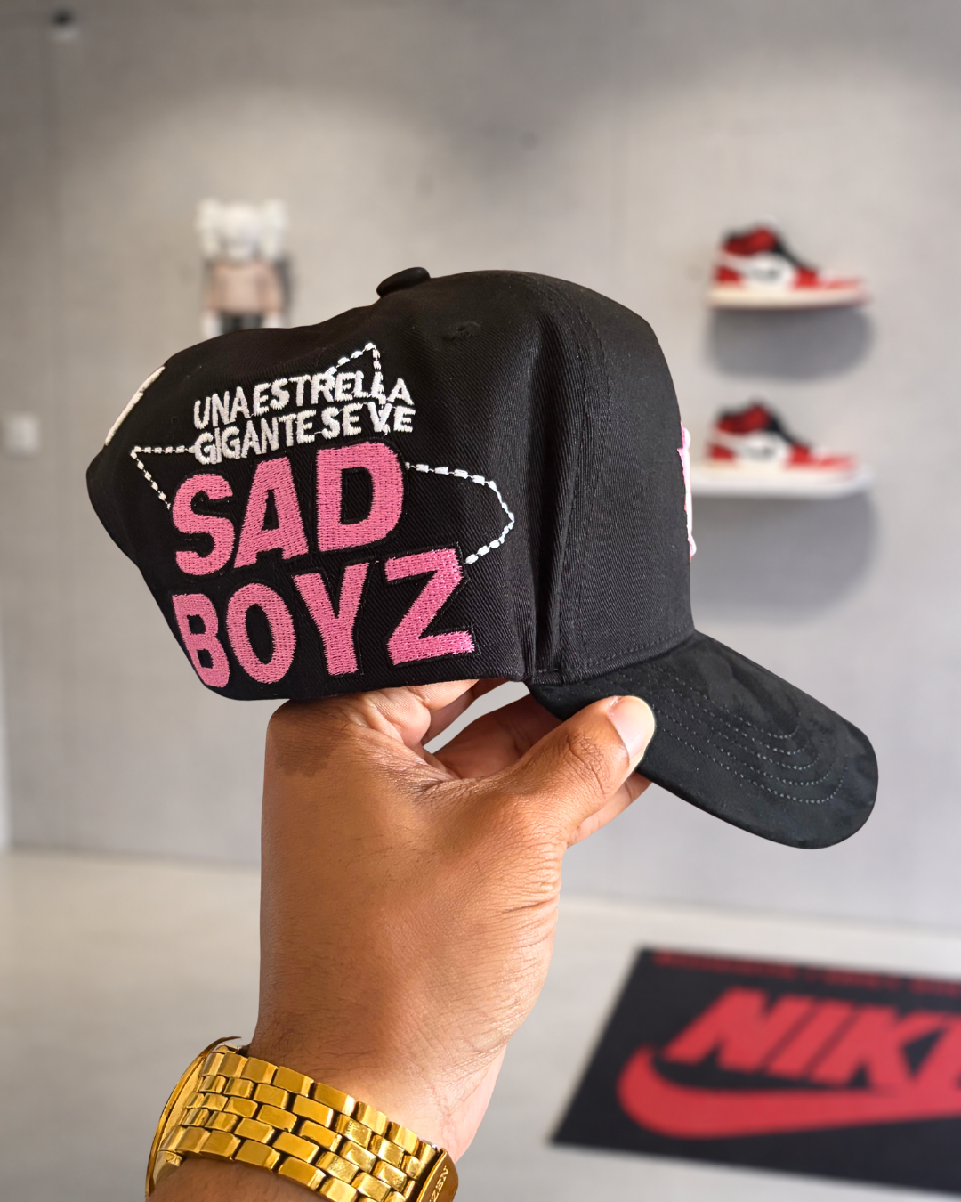 Dandy Hat Black Pink Sad Boyz Embroidered Adjustable Snapback w/ Suede Brim